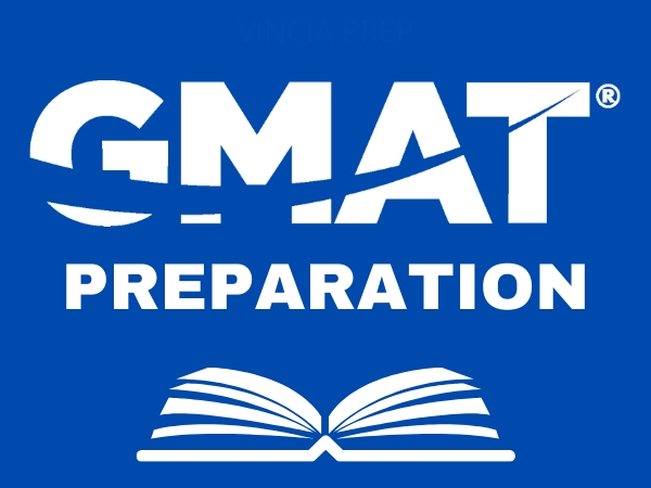 Blue and white GMAT Prep logo with open book